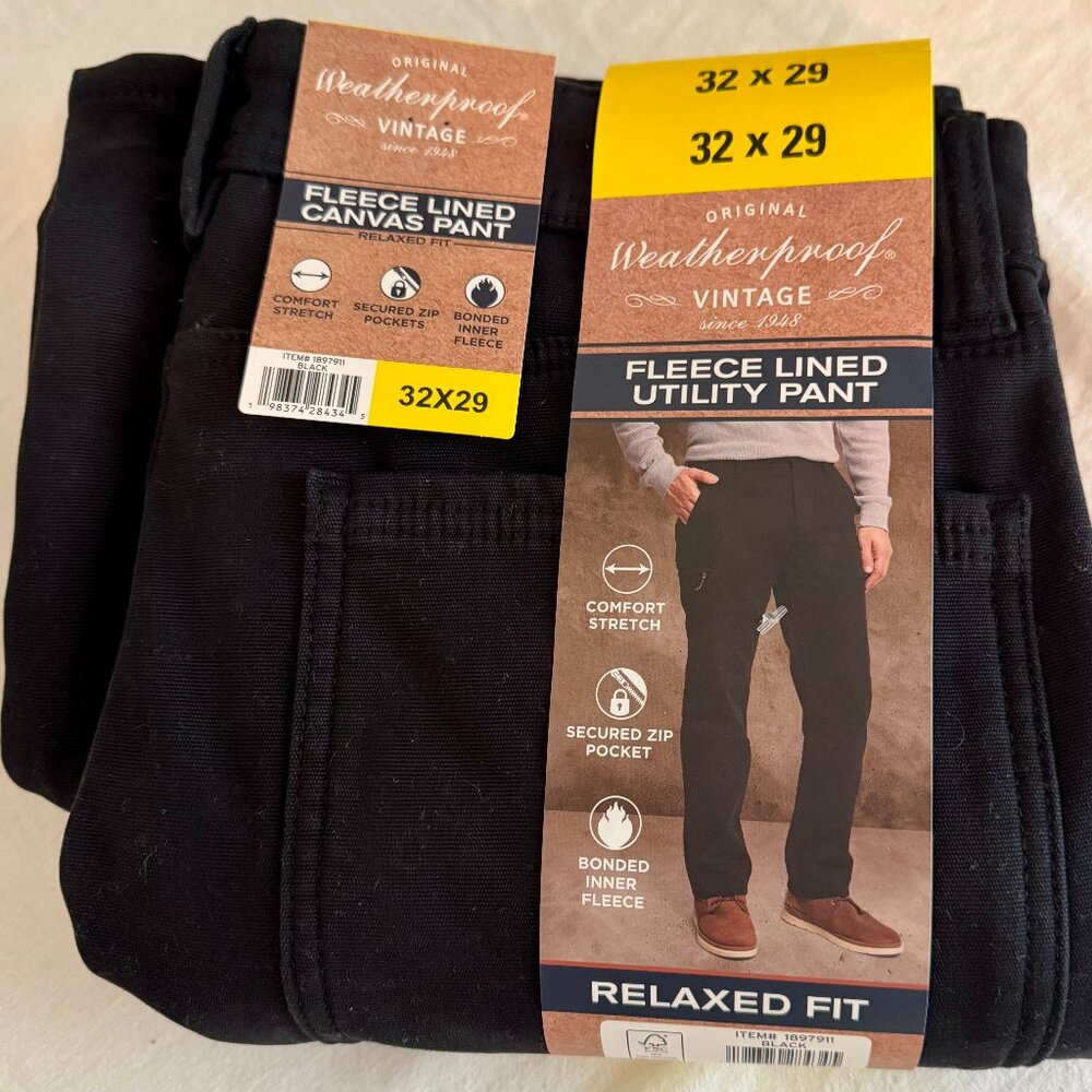 Weatherproof Men's Fleece Lined Utility Pant Size 32X29 Black Stretch Relax Fit